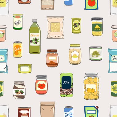 Kusursuz konserve yiyecekler. Konserve kutuları, cam kavanozlar, metal kutular, mısır gevreği paketleri. Mutfak depolama elementleri. El çizimi vektör çizimi. Beyaz arkaplanda izole.