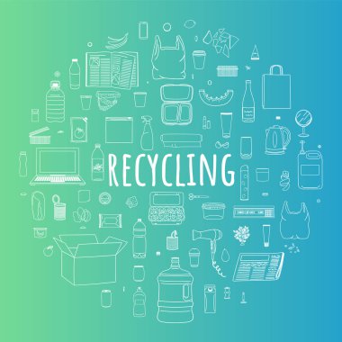 Çemberdeki çöpleri ayıklıyor. Çöp geri dönüşümü. Atık yönetimi. Çöpleri ayıklıyorum. Organik, metal, plastik, kağıt, cam, e-atık. Satır simgeleri. El çizimi vektör illüstrasyonu.