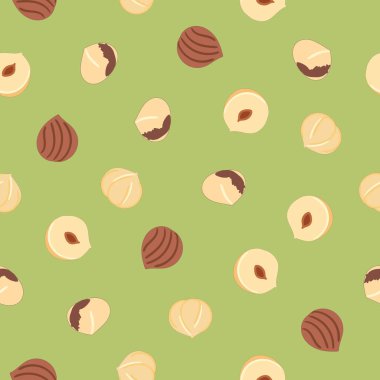 Kusursuz renkli fındık deseni. Mutfak, yemek baskısı. Tekstil tasarımı. Organik yiyecekler. El çizimi çizgi film vektör illüstrasyonu