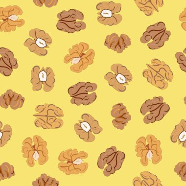 Kusursuz renkli ceviz deseni. Mutfak, yemek baskısı. Tekstil tasarımı. Organik yiyecekler. El çizimi çizgi film vektör illüstrasyonu