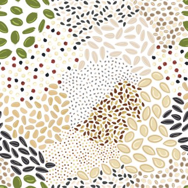 Kusursuz tohum deseni. Mutfak, yemek baskısı. Balkabağı ve ayçekirdeği, keten, keten, kinoa, hardal, kenevir, çam fıstığı. Organik yiyecekler. El çizimi çizgi film vektör illüstrasyonu