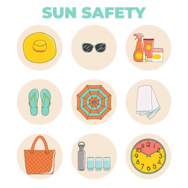 Güneş banyosu sahili için temel simgeler. Cilt koruması 