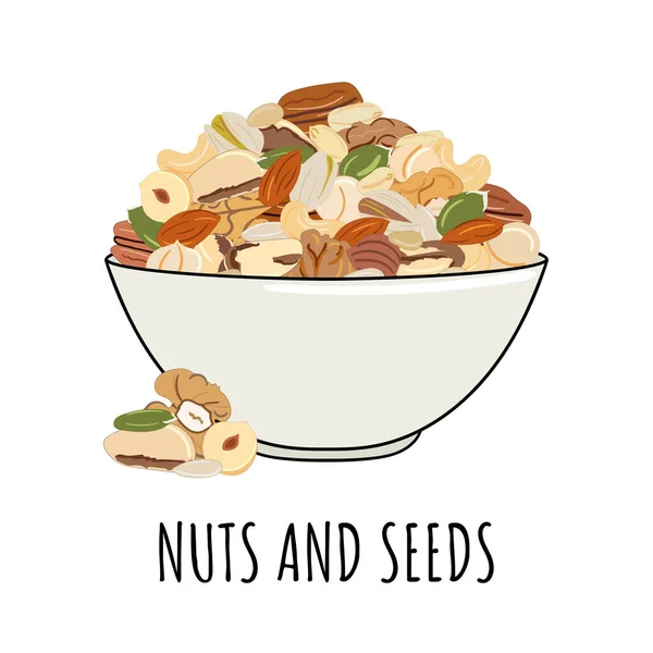 Illustration Mit Nüssen Und Samen Teller Küche Kochaufdruck Und Banner — Stockvektor