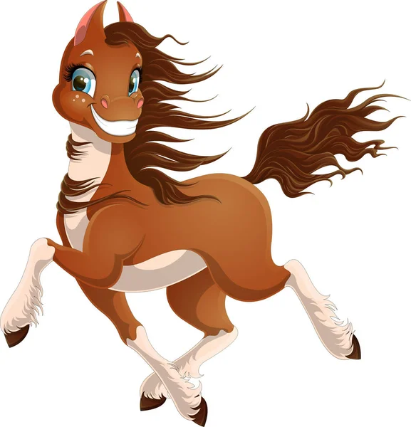 Illustration of running freckled horse with white socks and long tail. Smiling galloping mustang isolated on white background. Prancing vector brown equine with blue eyes and fluffy tail.