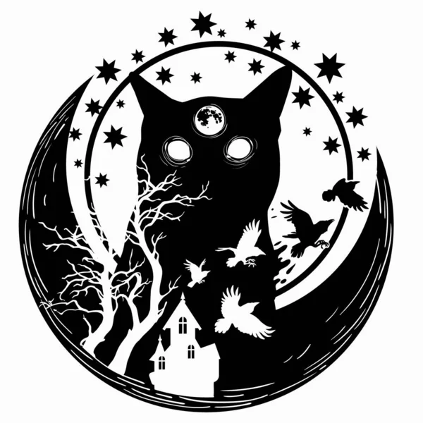 Ilustración vectorial monocromática. Foto de fantasía con pájaros y un gato nocturno — Vector de stock