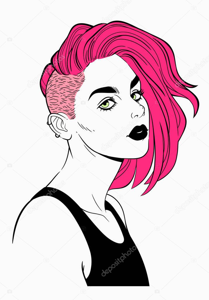 fashionable female haircut, punk or hipster, picture is contour, without filling