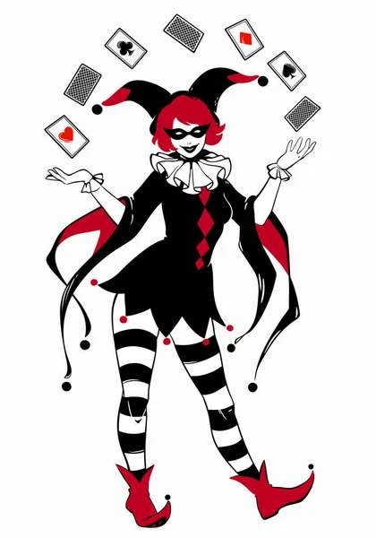 赤と黒の色の面白いジョーカーの女の子がカードのデッキをジャグリング — ストックベクタ