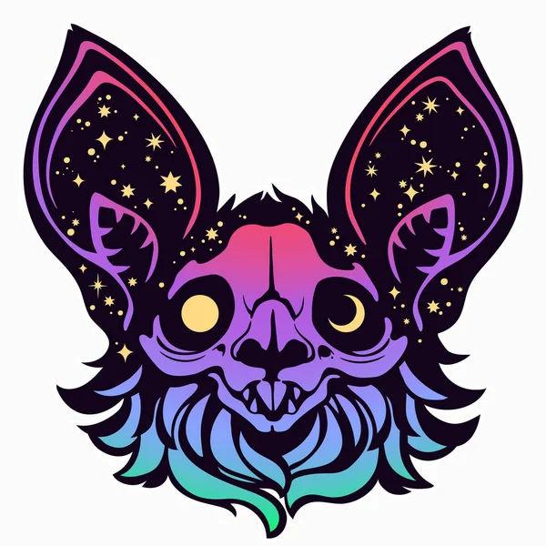 Cabeça Morcego Uma Paleta Multicolorida Brilhante Com Motivos Cósmicos — Vetor de Stock