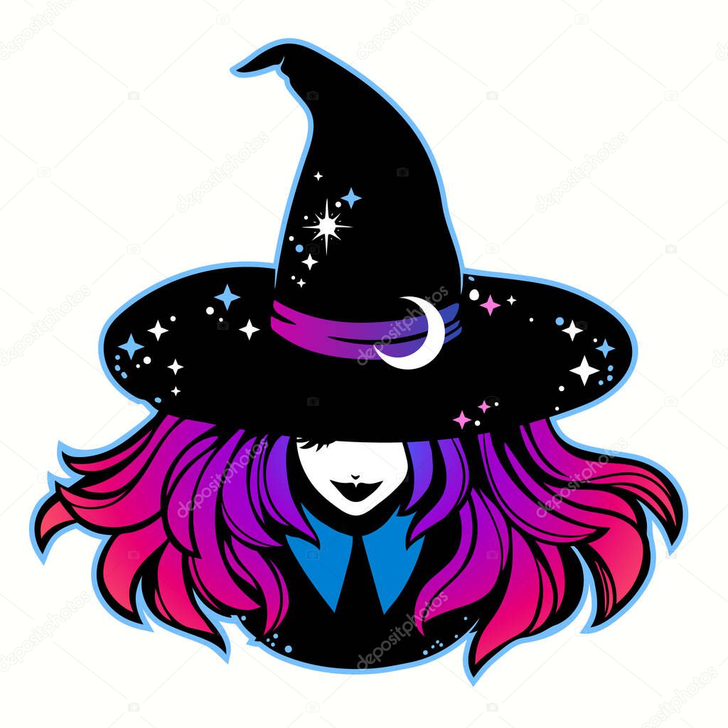 smiling young witch wearing typical witch hat