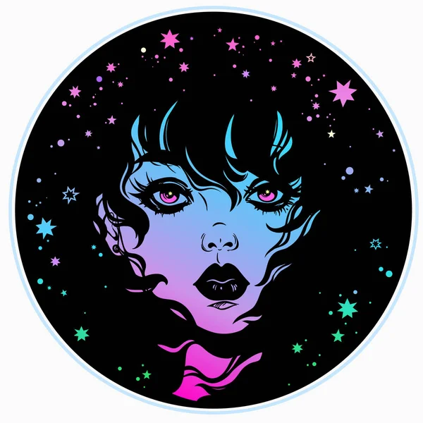 Mystisches Gesicht Eines Mädchens Mit Kosmischen Motiven — Stockvektor