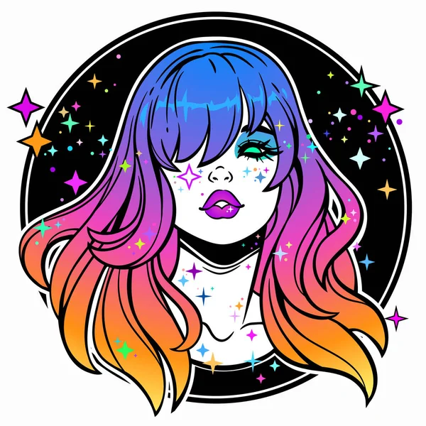 Face Cute Girl Colorful Hair — Stock Vector