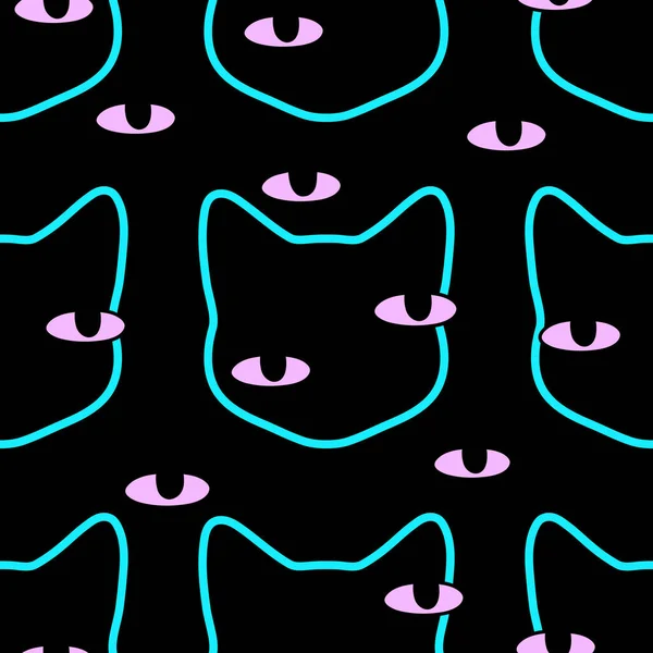 Seamless Black Cat Head Magic Colorful Eyes — Stock Vector