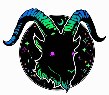 Kozmik güdüleri olan parlak renkli bir palette keçi kafası