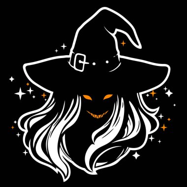 Klasik şapkalı cadı, dalgalı saçlar ve korkunç bir sırıtışla