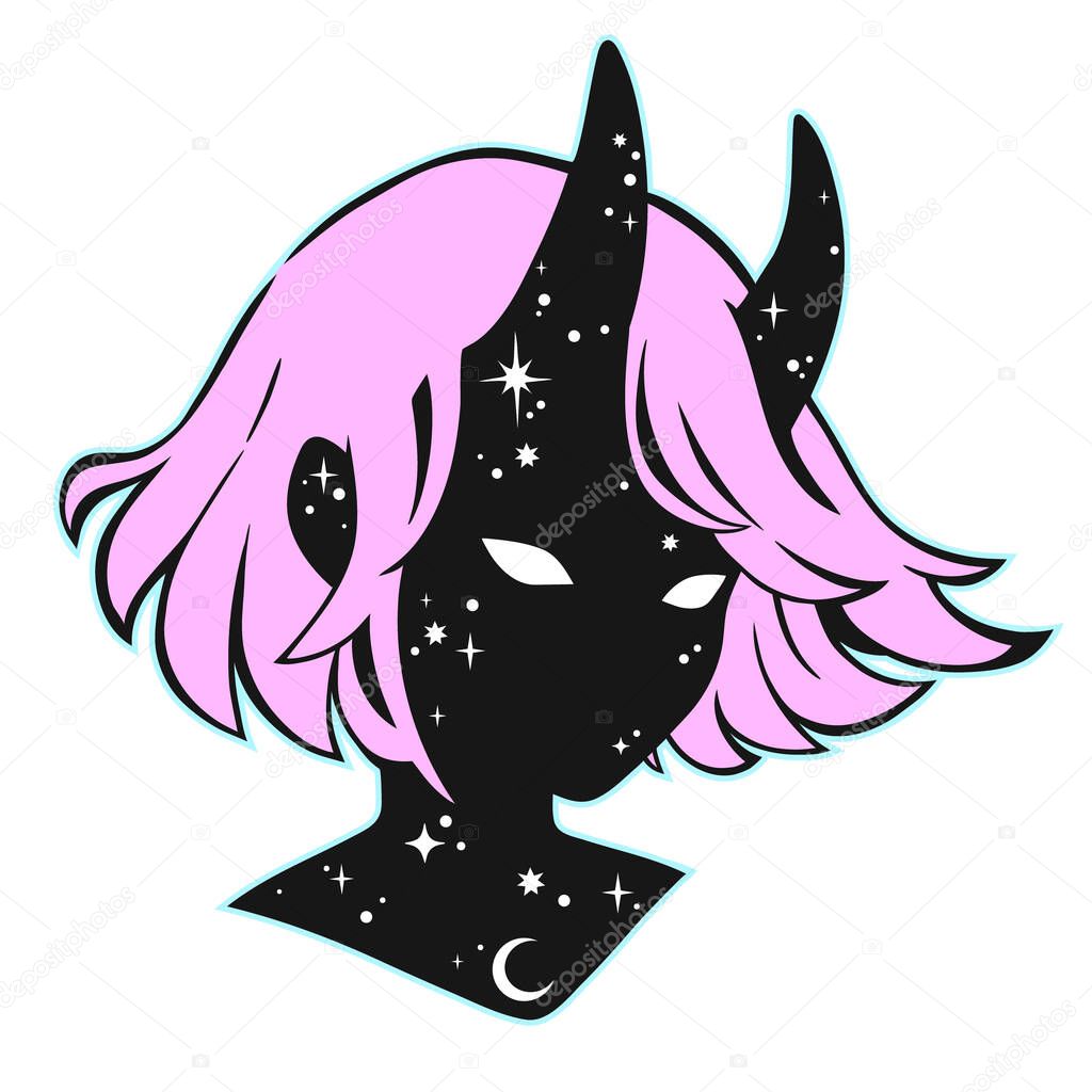 face of a girl with short hair and horns, with cosmic motives