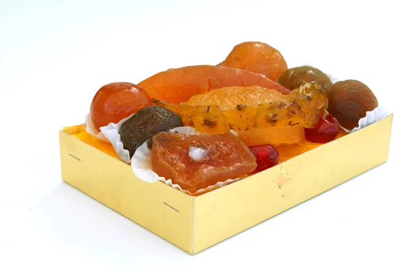 Κουτί Νόστιμα Ζαχαρωμένα Φρούτα Ειδικότητα Της Πόλης Της Νίκαιας Στη Φωτογραφία Αρχείου