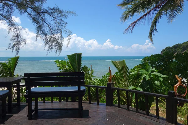 Şezlong ve palmiye ağacı ile tropikal plaj