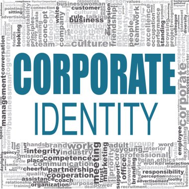 Kurumsal kimlik kelime bulutu. Fikir kelime tipografi yazı yaratıcı Illustration. 3D render.