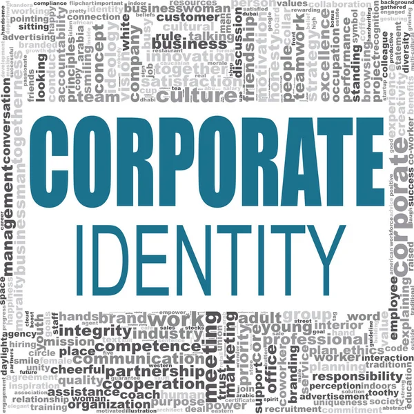 Kurumsal kimlik kelime bulutu. Fikir kelime tipografi yazı yaratıcı Illustration. 3D render.