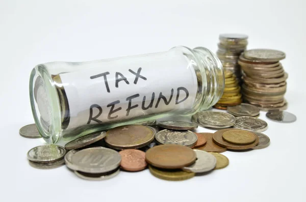 Tax Refund Lable Glass Jar Coins Spilling Out Isolated White — Stock Photo, Image