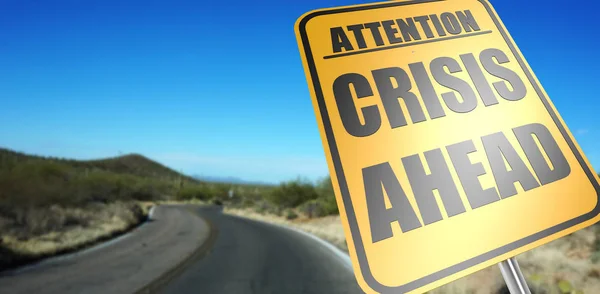 Crisis Ahead Road Sign Sky Background Dessert Road — Stock Photo, Image