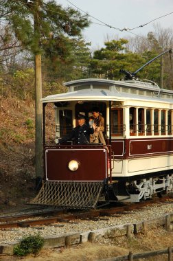 Inuyama, Japonya-23 Nisan, 2018: Tramvay araba at Museum Meiji-Mura Japonya'da. 1867-1989 arasında tarihi binalar Meiji-mura açık hava Mimarlık Müzesi korur
