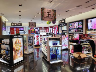 SINGAPORE - 09 SEP 2018: Cosmetics store at Sentosa island, Singapore. Cosmetics are substances or products used to enhance the appearance or fragrance of the body. clipart