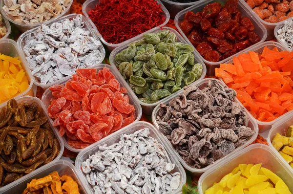 Assesortierte Trockenfrüchte Und Bonbons Auf Dem Lokalen Lebensmittelmarkt Malaysia — Stockfoto