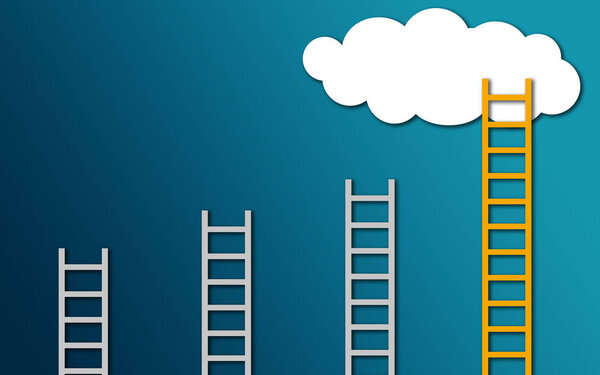 Yellow ladder to cloud on blue background, 3D rendering