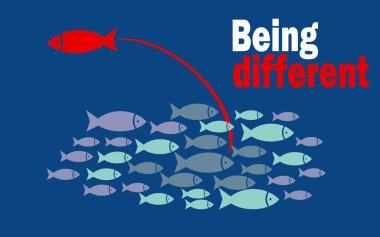 Being different success concept with small fishes group, 3D rendering