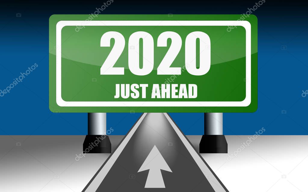 Road sign over the road with 2020, 3D rendering