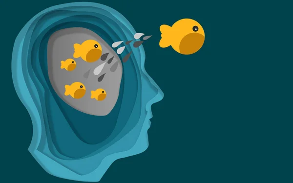 Fish jump out from human head, 3D rendering