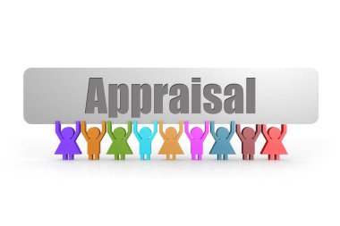 Değerleme kelime bir afiş tutun kuklalar, 3d rendering grup tarafından