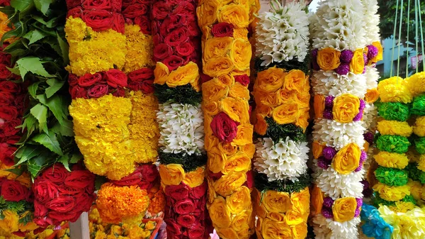 Indian colorful flower garlands on street market in Singapore