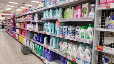 JOHOR BAHRU, MALAYSIA- 14 FEB, 2019: Soaps and detergents for house cleaning department in a shopping center of Johor Bahru, Malaysia.  clipart