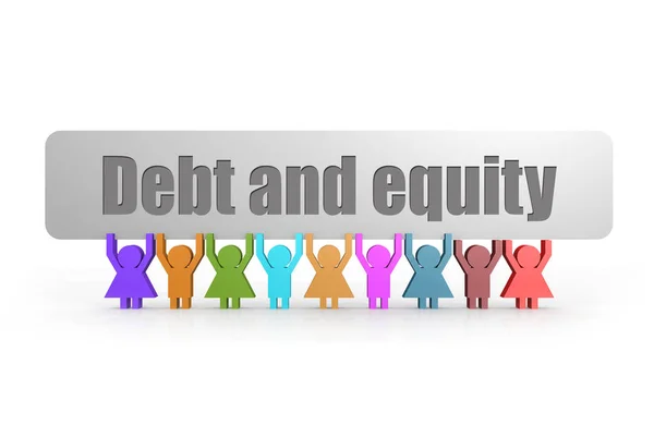 Dívida e equidade palavra em um banner segurar por grupo de fantoches — Fotografia de Stock