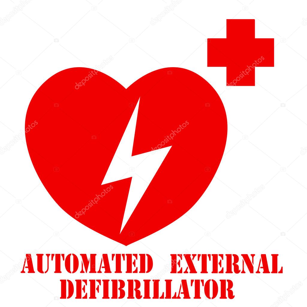 AED or automated external defibrillato sign with heart and electricity symbol, 3D rendering
