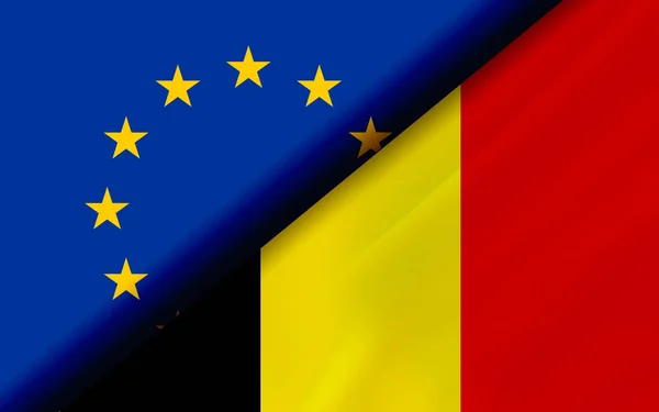 Drapeaux de l'UE et de la Belgique divisés en diagonale — Photo
