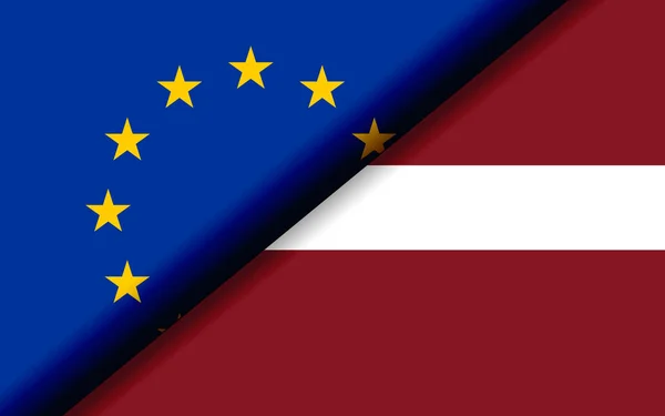 Flagi UE i Łotwy podzielone ukośnie — Zdjęcie stockowe