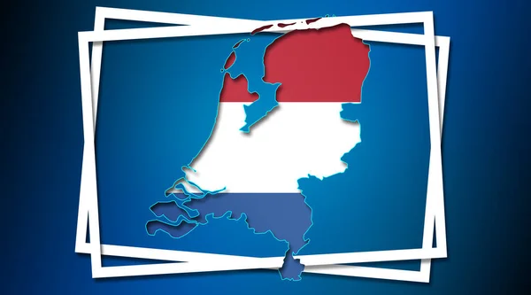 荷兰陆地边界地图 国旗为白色框架 3D渲染 — 图库照片