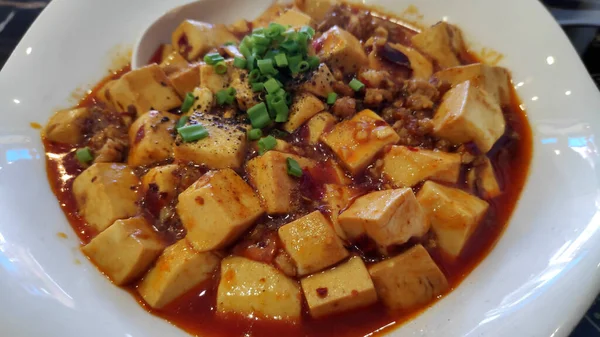 Tofu Tofu Cocina China Carne Picada Con Salsa Picante Caliente — Foto de Stock