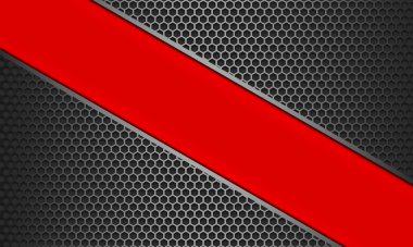 Siyah metal altıgen ağ desenli dizayn üzerinde kırmızı pankart gümüş çizgisi, 3D görüntüleme