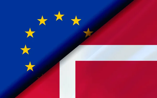 欧盟和丹麦的国旗对角线分开 3D渲染 — 图库照片