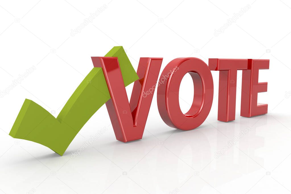 Green checkmark and vote word on white background, 3D rendering