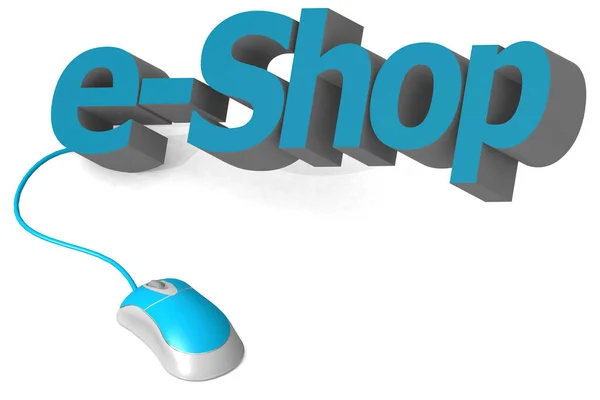 Blue Computer Mouse Shop Word Rendering — Stock Photo, Image