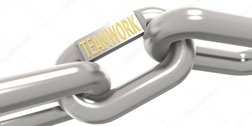 Metal chain with teamwork word, 3D rendering
