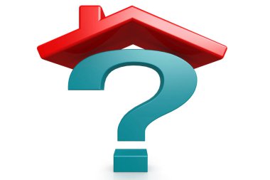 Beyaz arka planda, kırmızı çatının altındaki soru işareti, 3D görüntüleme