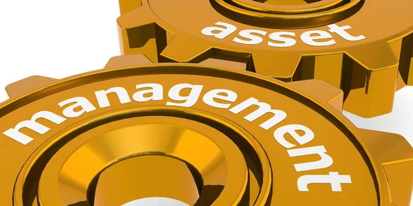 Asset Management Word Golden Gears Rendering — Stock Photo, Image