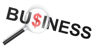 Üzerinde iş sözcüğü ve dolar işareti olan büyüteç.