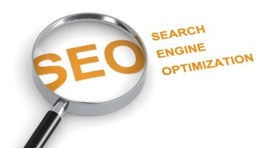 SEO, Arama motoru optimizasyonu, büyüteç altındaki kelime, 3D görüntüleme